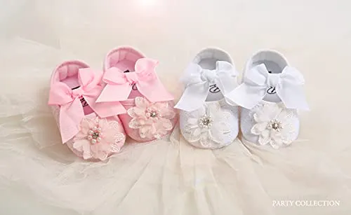 Baby Girls Mary Jane Flats with Bowknot Floral Princess Wedding Dress Shoes Soft Newborn Infant Crib First Walker Prewalker