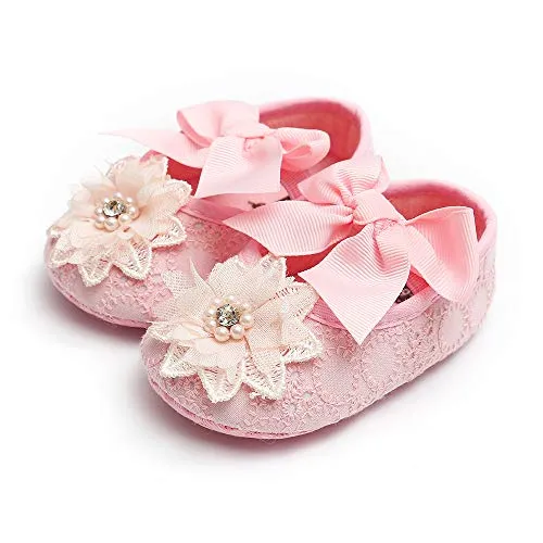 Baby Girls Mary Jane Flats with Bowknot Floral Princess Wedding Dress Shoes Soft Newborn Infant Crib First Walker Prewalker