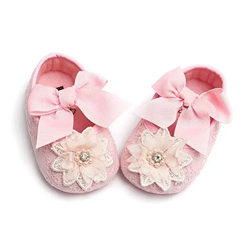 Baby Girls Mary Jane Flats with Bowknot Floral Princess Wedding Dress Shoes Soft Newborn Infant Crib First Walker Prewalker