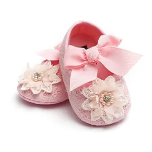 Baby Girls Mary Jane Flats with Bowknot Floral Princess Wedding Dress Shoes Soft Newborn Infant Crib First Walker Prewalker
