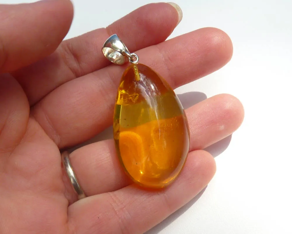 Baltic Amber Pendant with Fossil Insects Bug Honey Jewelry 1.14" 7.3 gram 925 Silver