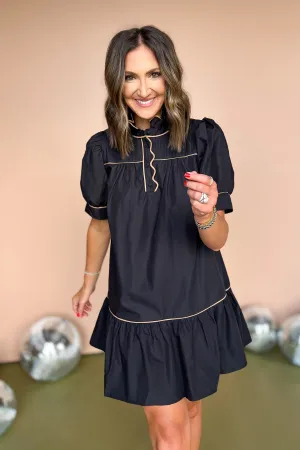 Black Contrast Piping Detail High Ruffle Neck Short Sleeve Dress