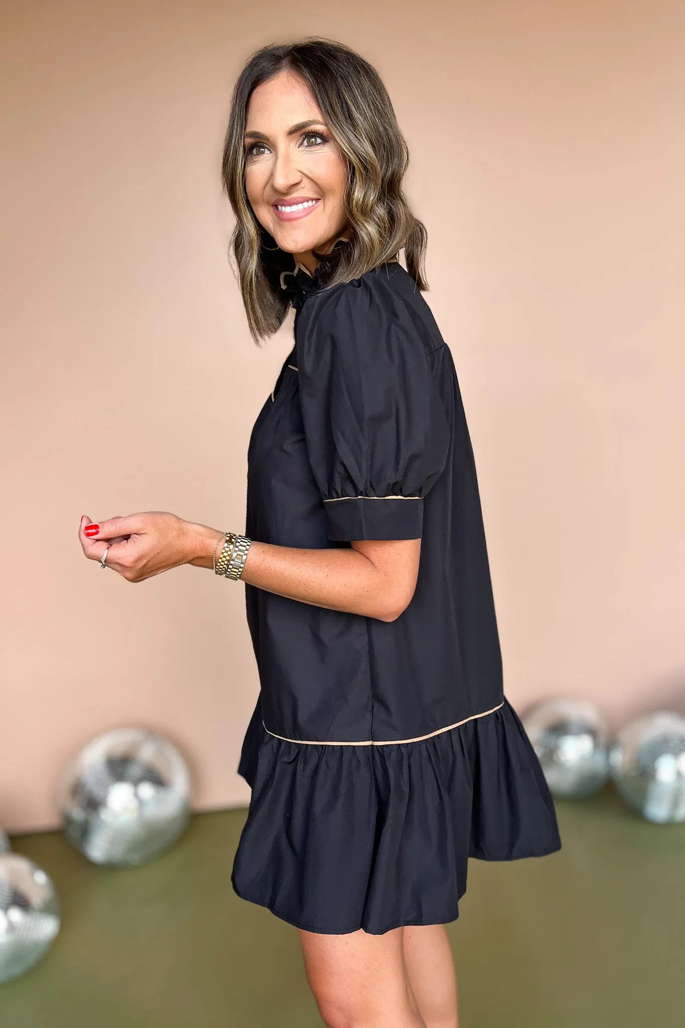 Black Contrast Piping Detail High Ruffle Neck Short Sleeve Dress