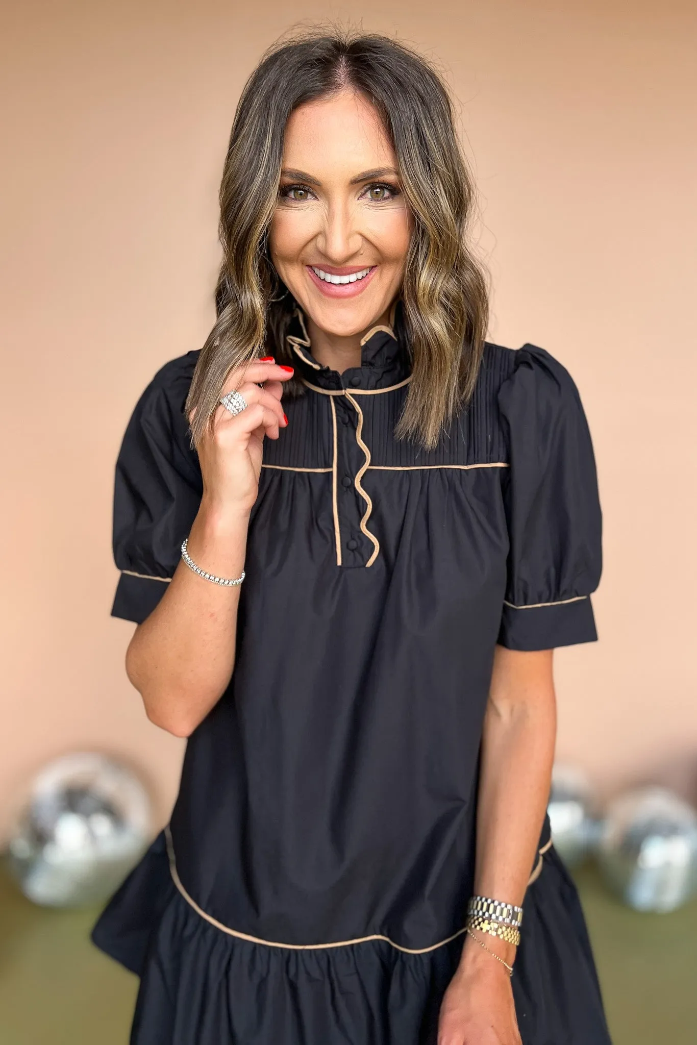 Black Contrast Piping Detail High Ruffle Neck Short Sleeve Dress