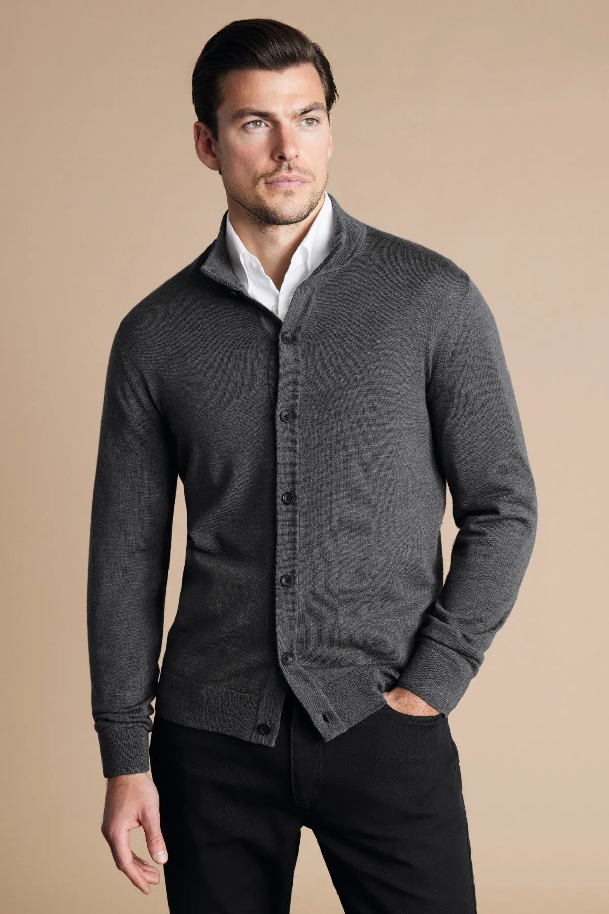 Grey Button Through Funnel Neck Cardigan