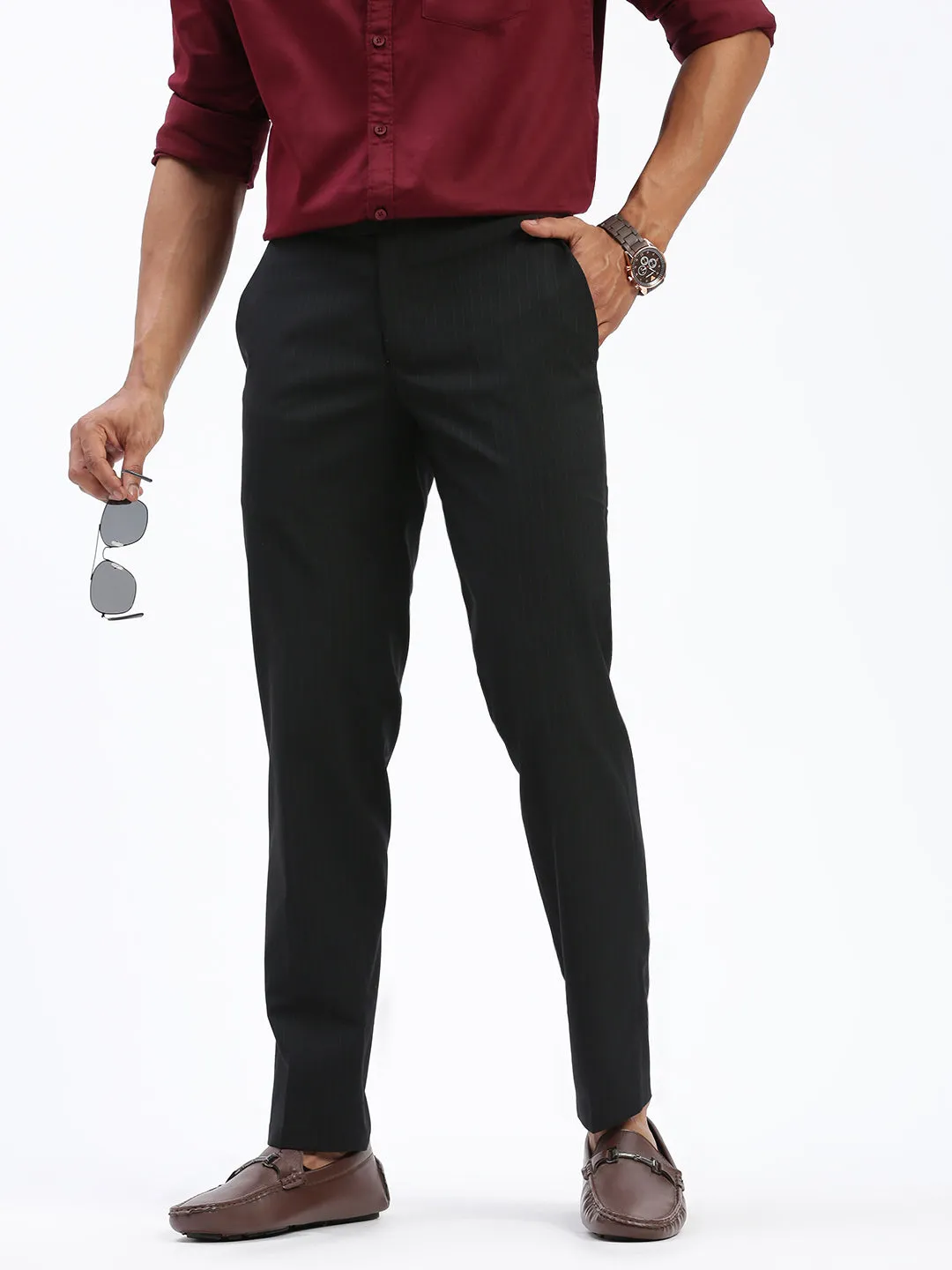 Men Black Striped Comfort Slim Fit Low-Rise Trousers