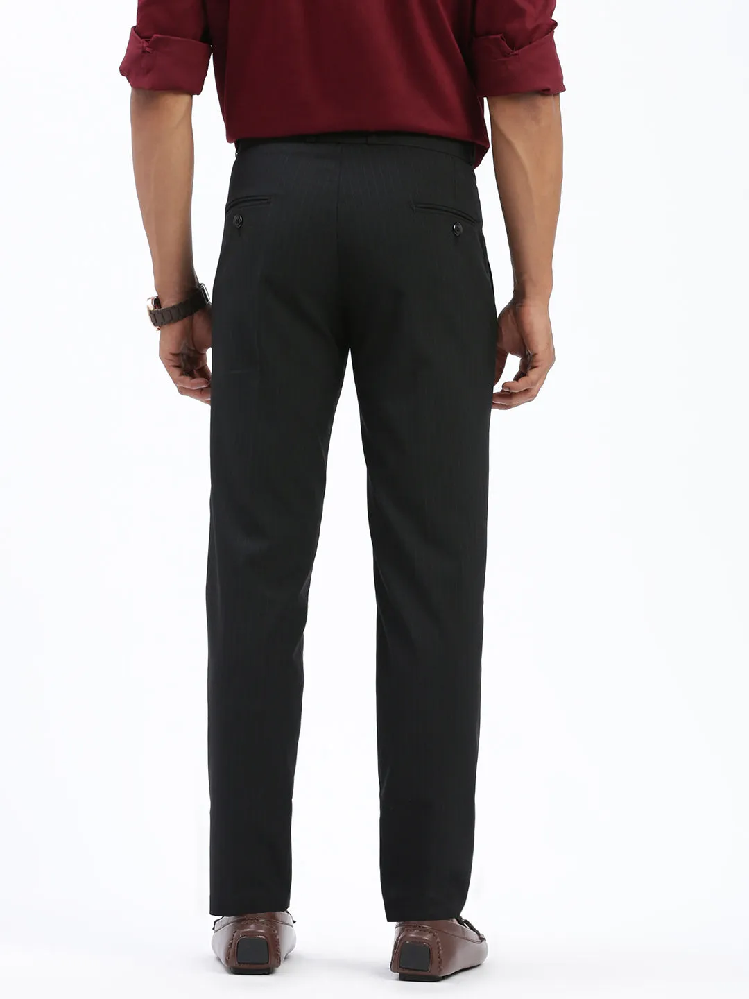 Men Black Striped Comfort Slim Fit Low-Rise Trousers