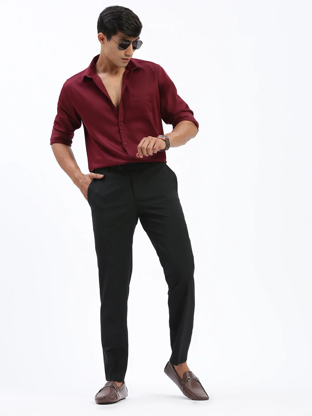 Men Black Striped Comfort Slim Fit Low-Rise Trousers