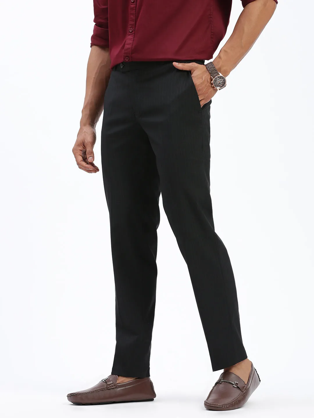 Men Black Striped Comfort Slim Fit Low-Rise Trousers