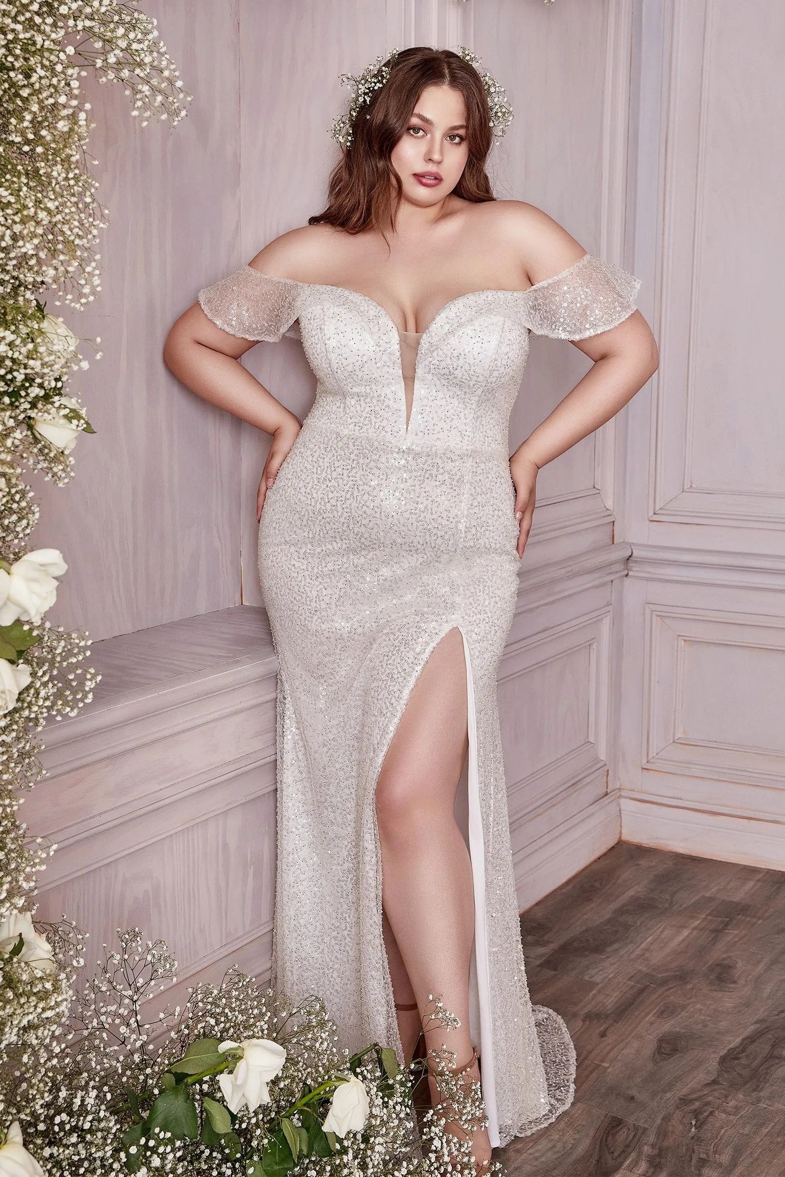 Off-shoulder sequin, ruffled gown