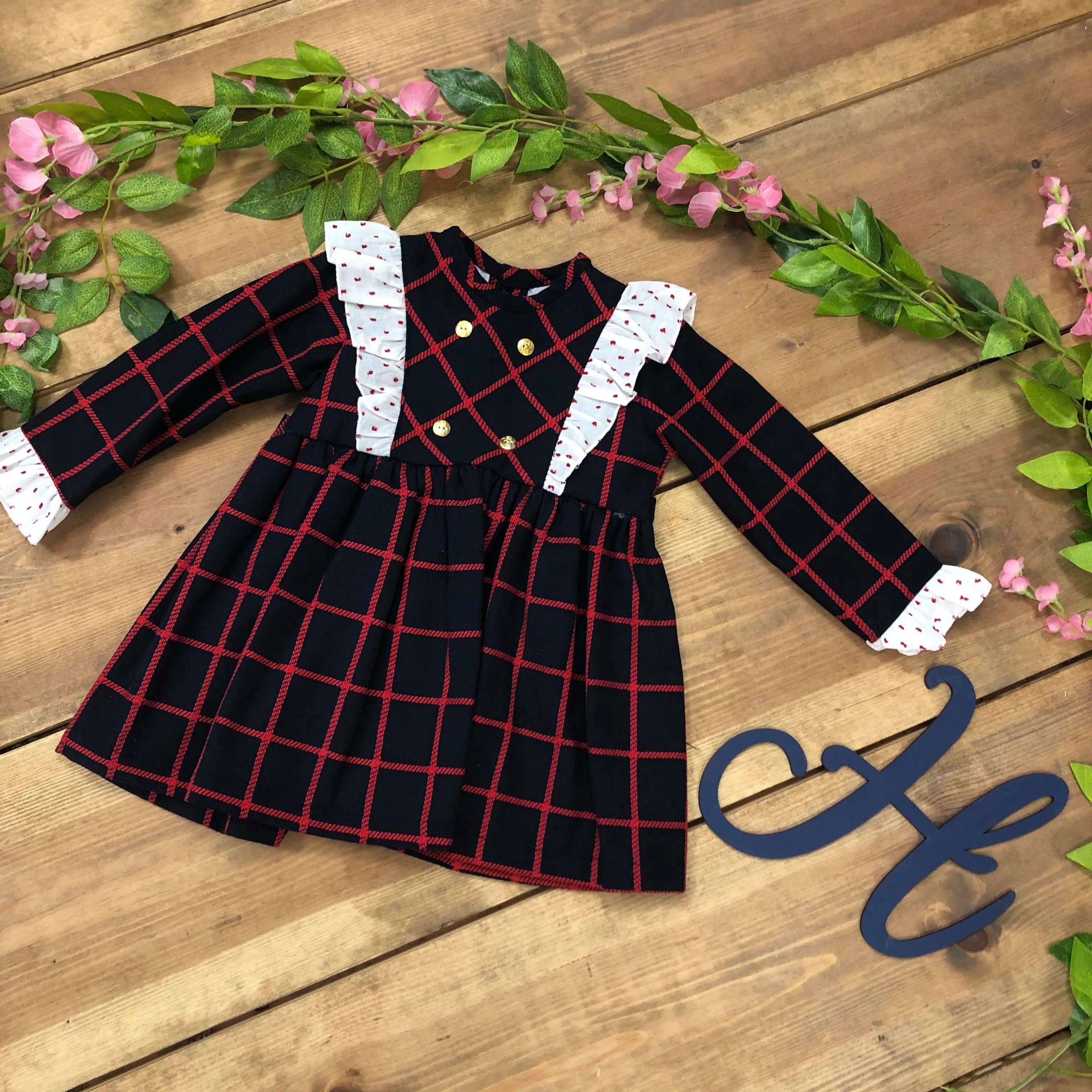 "Simone" 12/18 only Navy & Red Checked Dress with gold buttons