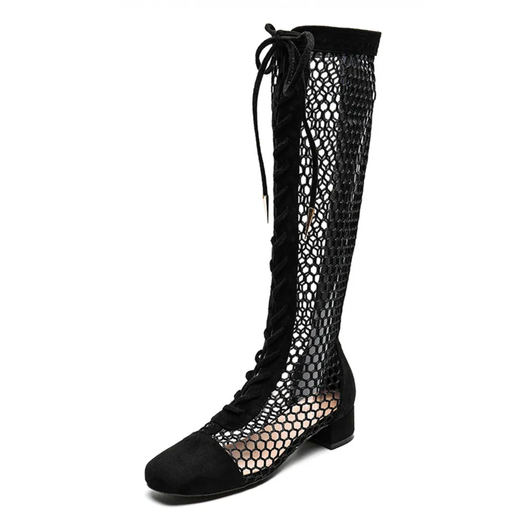 Unique Suede Lace Up Knee-High Mesh Gladiator Boots - Black