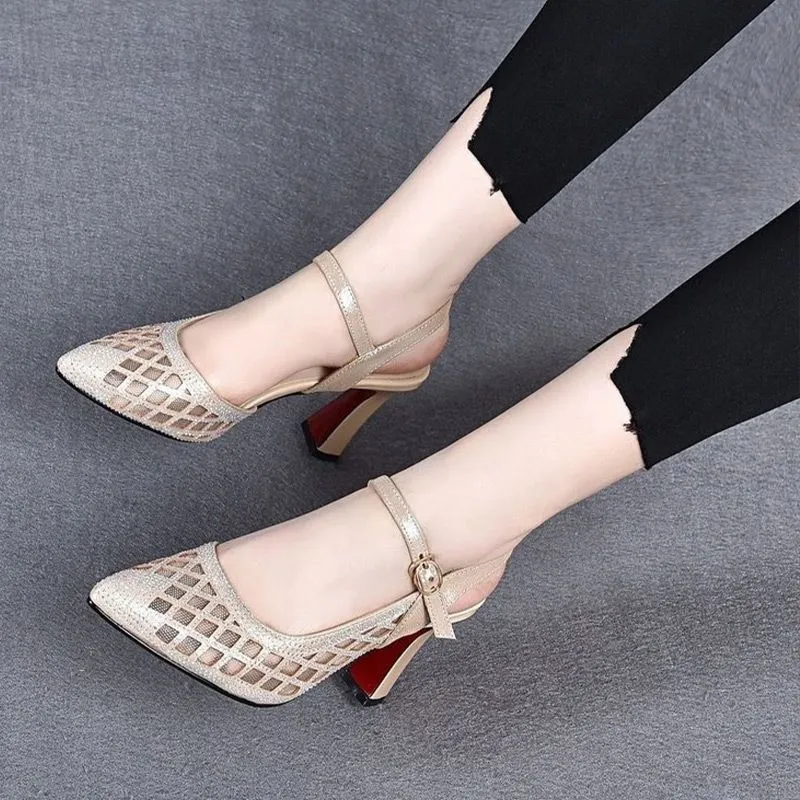 Womens Rhinestone Hollow-out Breathable High-heeled Sandals
