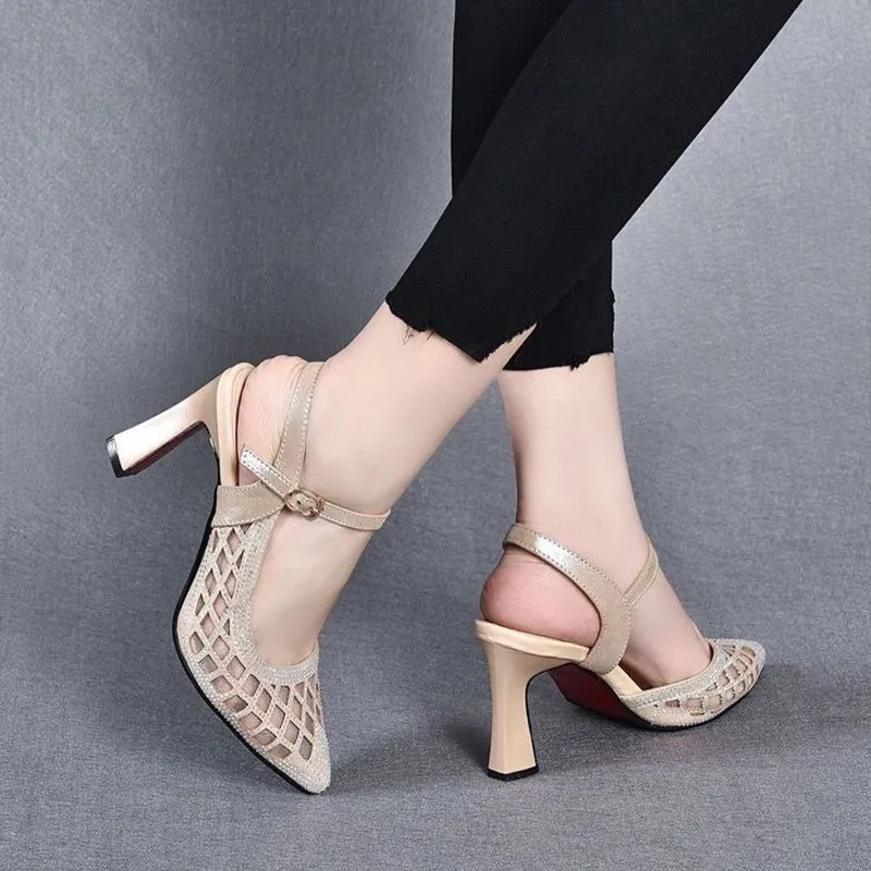 Womens Rhinestone Hollow-out Breathable High-heeled Sandals
