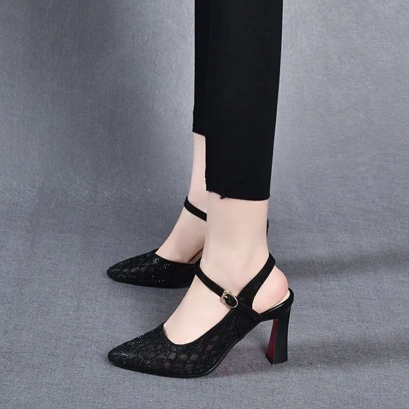Womens Rhinestone Hollow-out Breathable High-heeled Sandals
