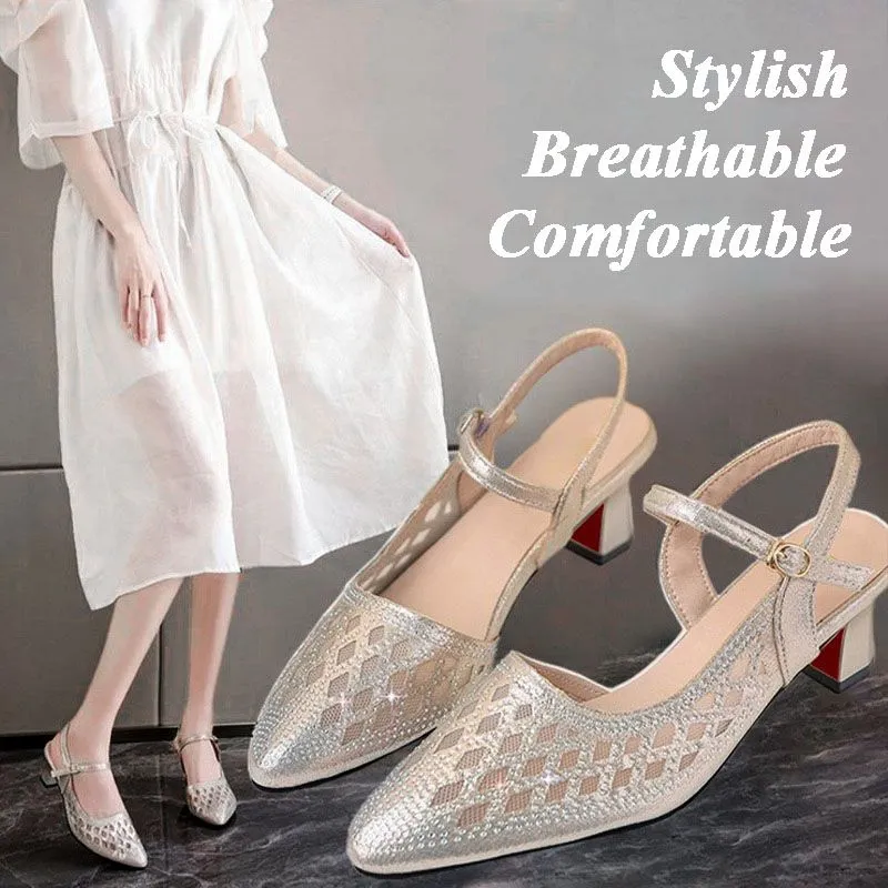Womens Rhinestone Hollow-out Breathable High-heeled Sandals